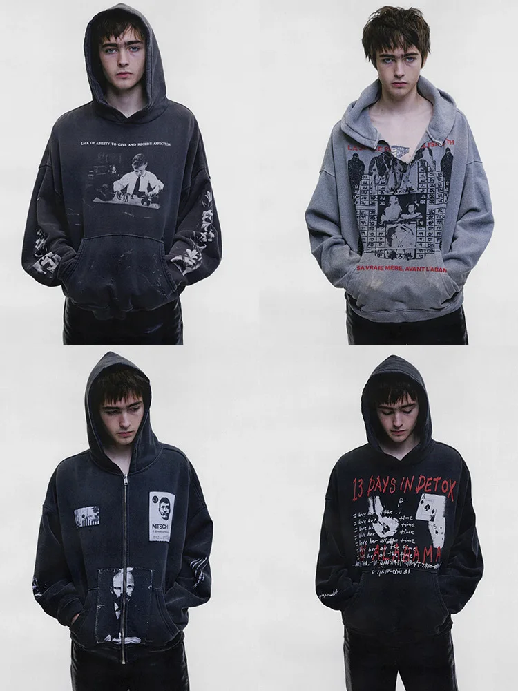 Distressed American Style Zip up Hoodie Unisex Short Wide Fit Washed Look Trendy for Men And Women Student Favorite