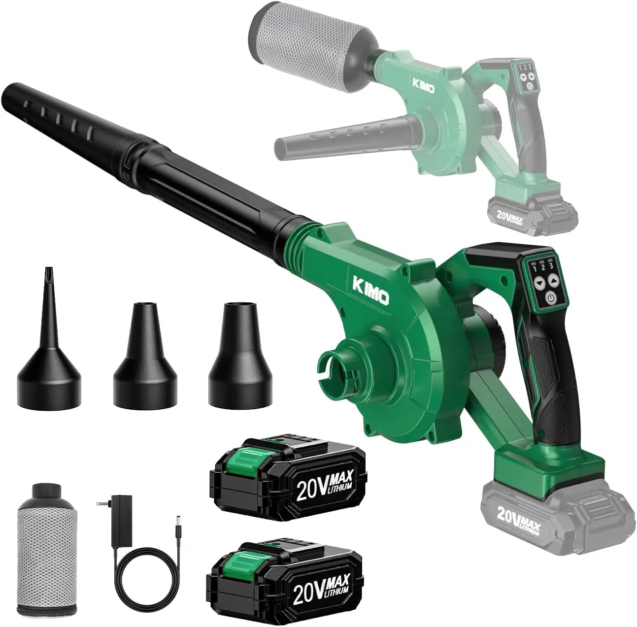 

Cordless Leaf Blower and Vacuum Combo 4-in-1, 3 Nozzles, 190MPH, 3 Speeds, 20" Tube, 2 Pack Batteries for Lawn Care