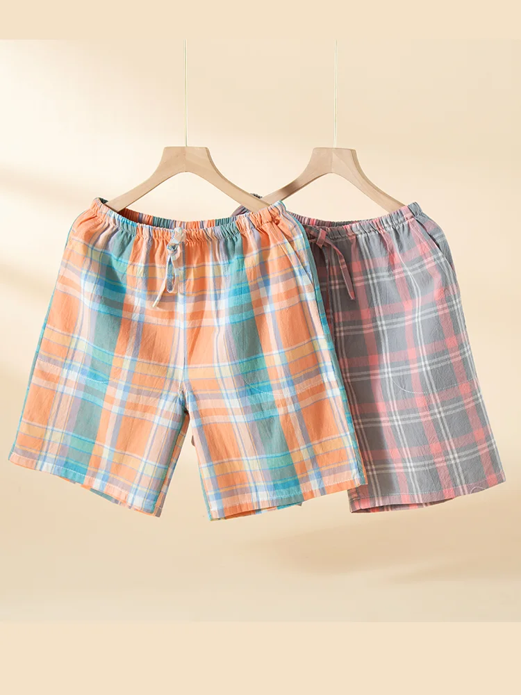 Large Size Cotton Shorts Men's Casual Home Pants Summer Breathable Comfortable Plaid Print High Waist Elastic Waistband