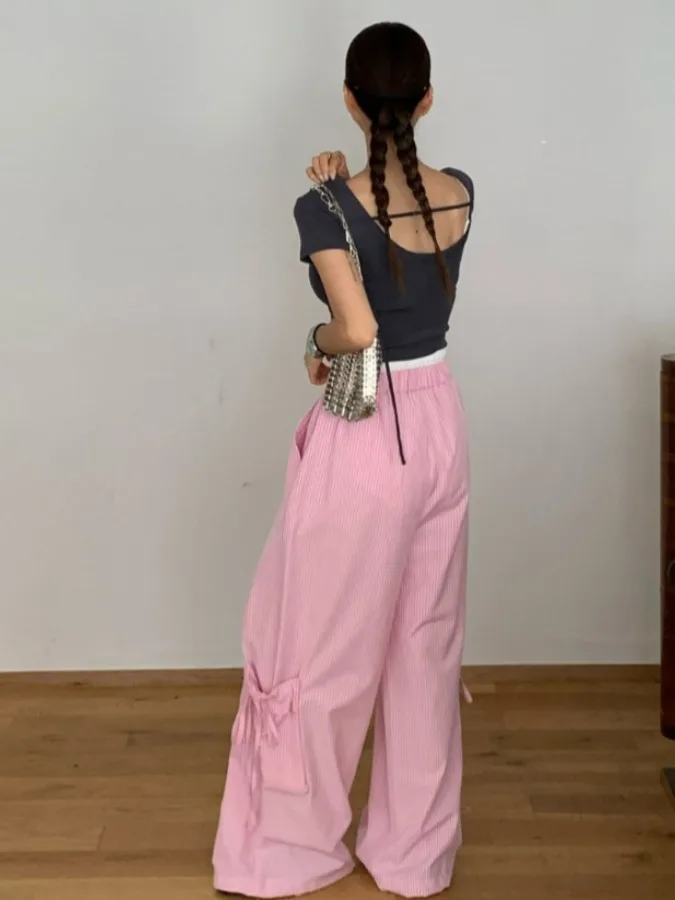 아메리칸 스타일 레트로 스트라이프 캐주얼 바지 여성 여름 새로운 탄성 허리 벨트 넓은 다리 긴 바지 여러 포켓