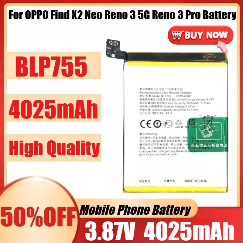 

New BLP755 3.87V 4025mAh Battery BLP755 For OPPO Find X2 Neo Reno 3 5G Reno 3 Pro Battery + Tools