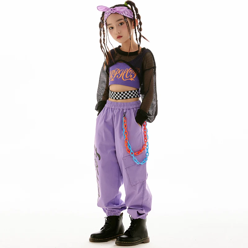 Vêtements de danse Hip Hop pour enfants, pantalon cargo violet, filet noir, vêtements de salle de Rhjazz pour filles, costume de scène, BL9580, 2022