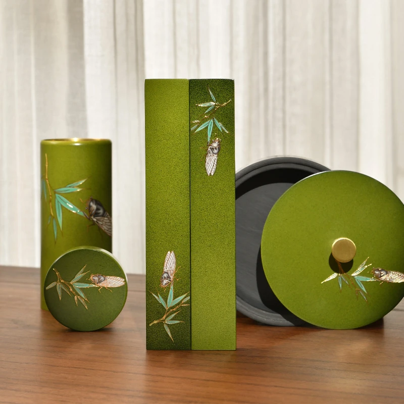 Brass Paperweight Ruler Pen Holder Inkstone with Lacquer Green Set for Calligraphy Painting Retro Writing Calligraphy Tool