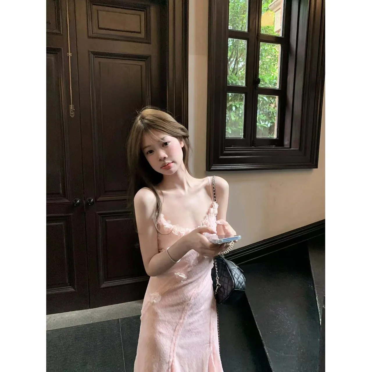 

2026 Summer Women's Pink 3D Floral Spaghetti Strap Maxi Dress French Style Vacation Waist Slimming Long Dress
