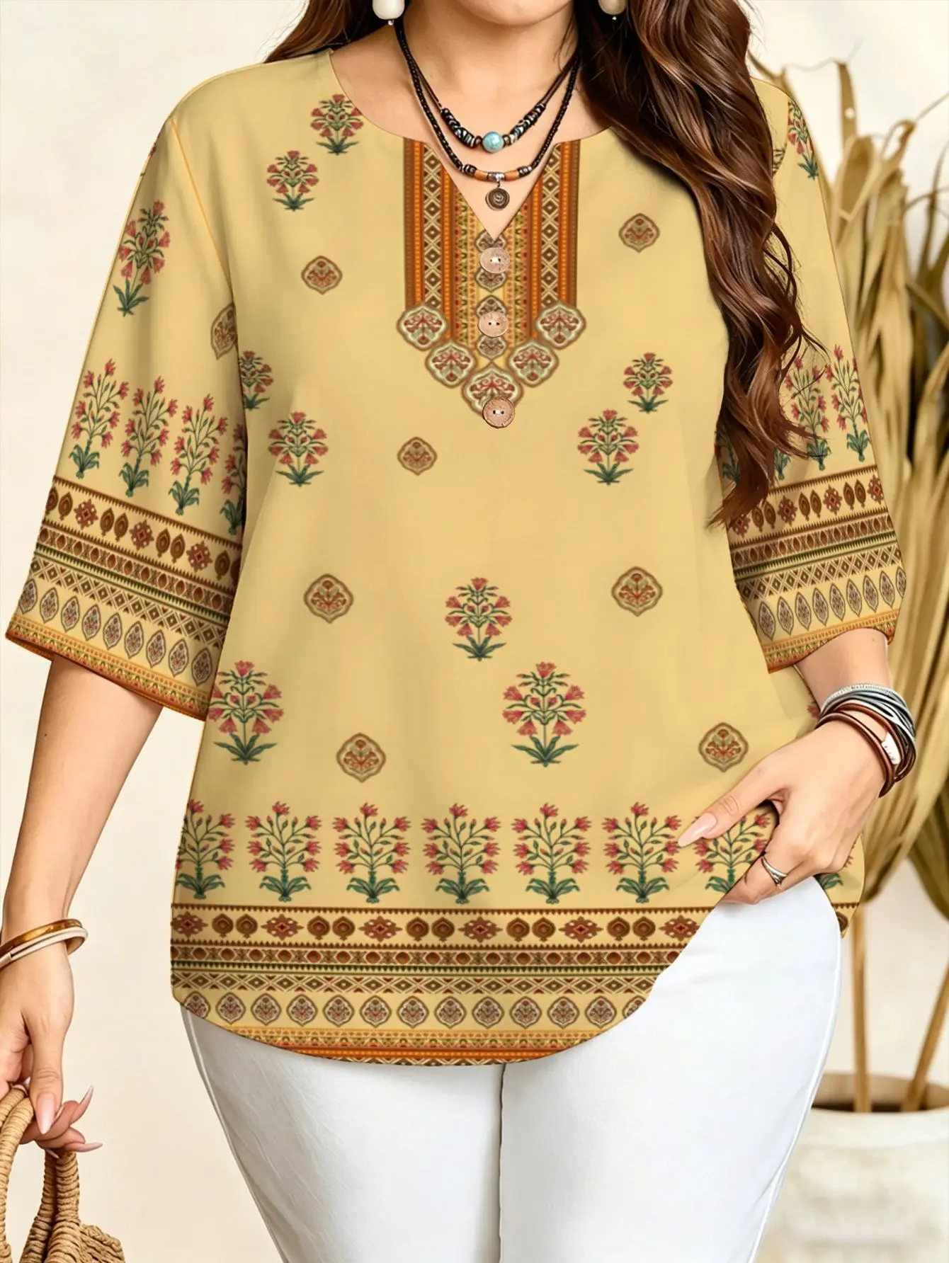 Notch V Neck Printed Blouses Leopard Geometric Baroque Ethnic Floral Fruit Solid Loose 3/4 Sleeve Casual Tops For Women