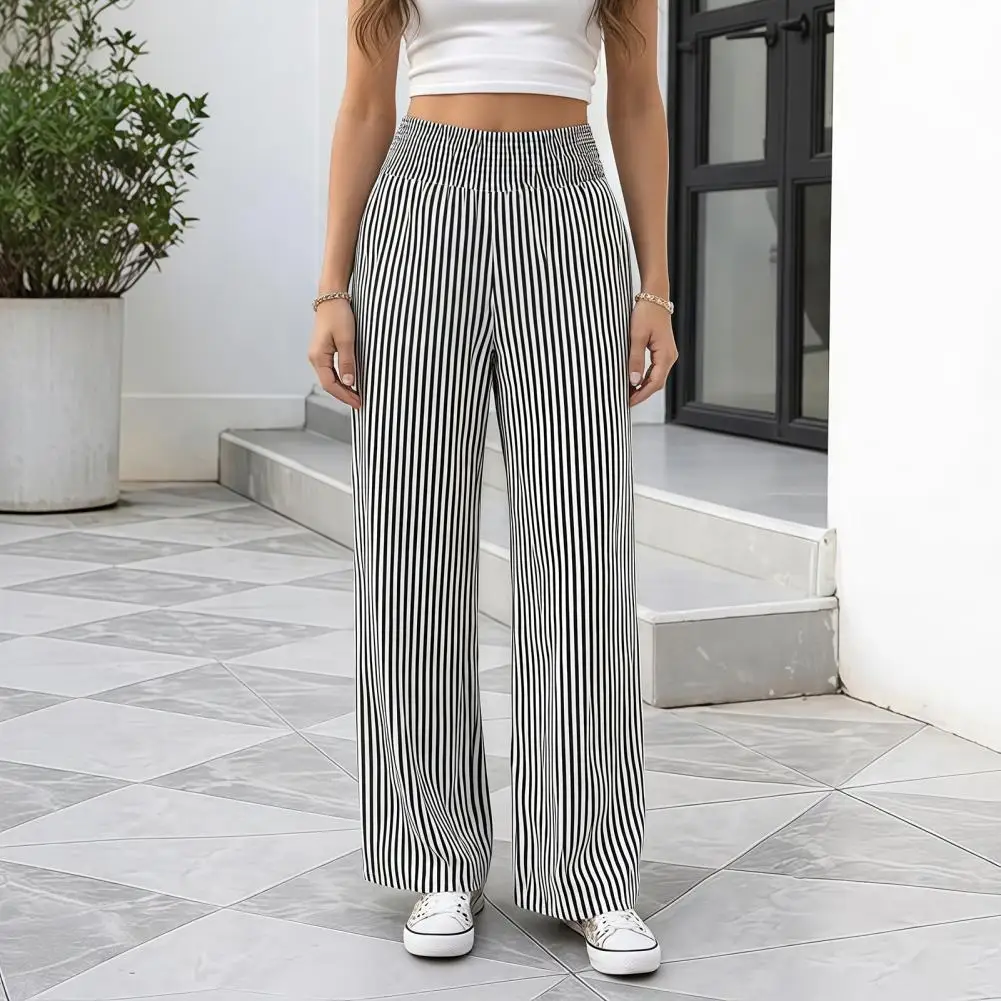 Soft Lounge Pants Women’s Striped Wide Leg Pants Summer Trousers with Elastic Waist Breathable Loose Fit Palazzo Pants
