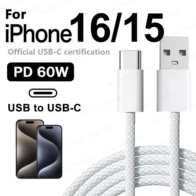 Original 60W PD USB to USB-C Fast Charging Cable For Apple iPhone 16 Pro Max 15 Plus Type C Quick Charger Xiaomi Samsung Cable