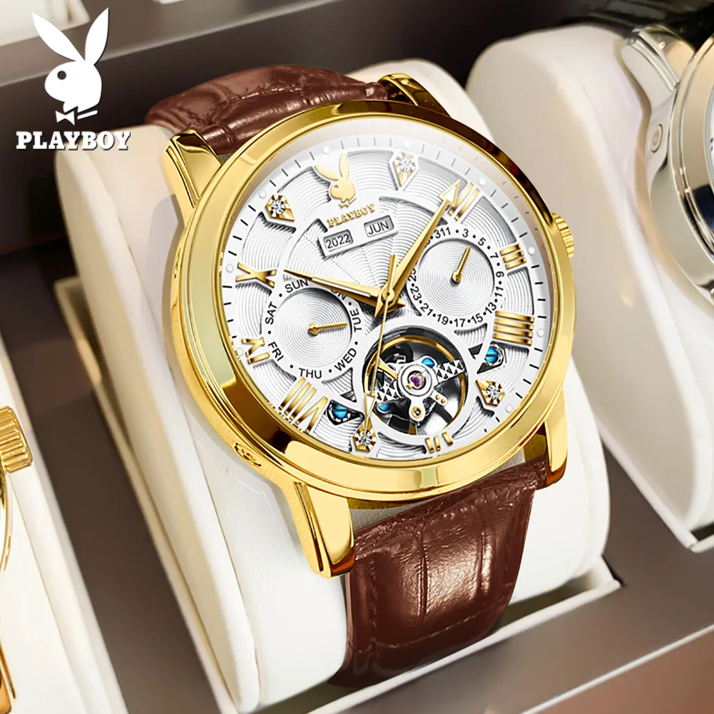 PLAYBOY Mens Watches Automatic Mechanical Watch Tourbillon Sport Clock Leather Casual Business Fashion Wristwatch Relojes Hombre