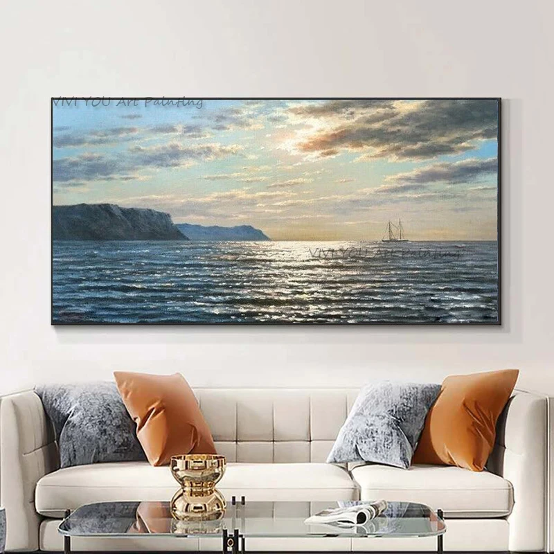 Original Hand-Painted Canvas Oil Painting, Serene Glistening Sea Sailboat Art, Realistic Coastal Mountain Seascape Artwork
