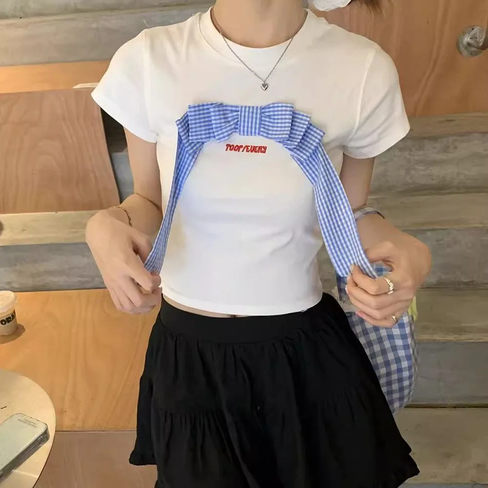Woman Clothing Sweet White O-Neck Bow Short Sleeve T-Shirts Summer Women New Design Letter Print Crop Top Female Cute Slim Tees