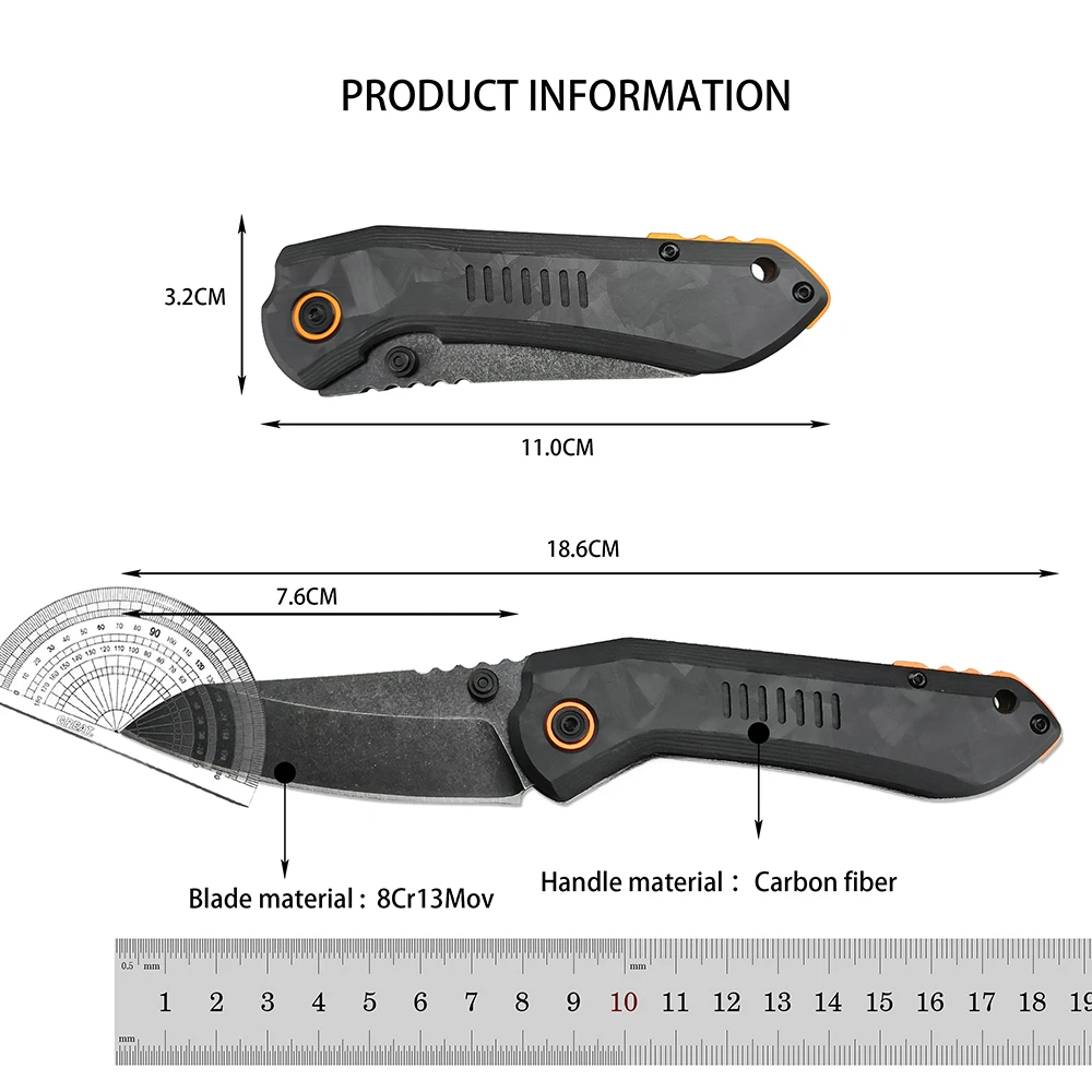 CR 6280 EDC Stone Washed Plain Blade Folding Pocket Knife, Carbon Fiber /G10 Handle, Everyday Carry Hunting Camping Jackknife