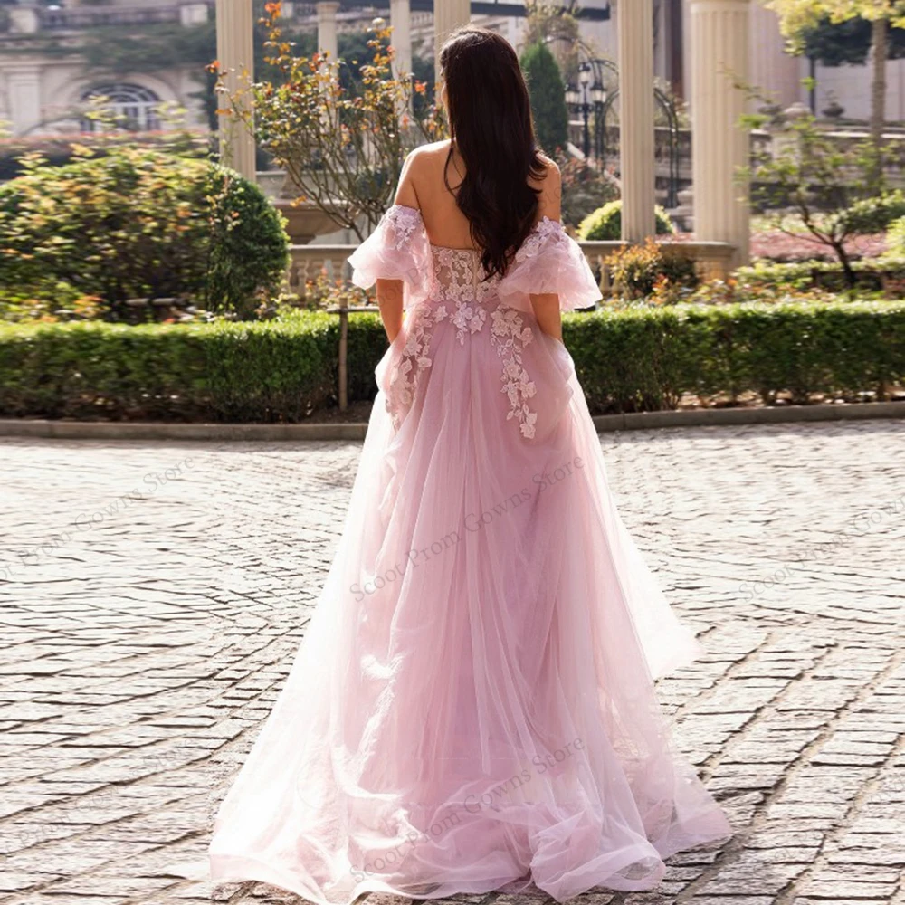 فساتين سهرة وردية بدون حمالات للفتيات 2025 فساتين حفلات مخصصة بدون أكتاف مع دانتيل جديد ناعم من التل رداء De Soirée Summer