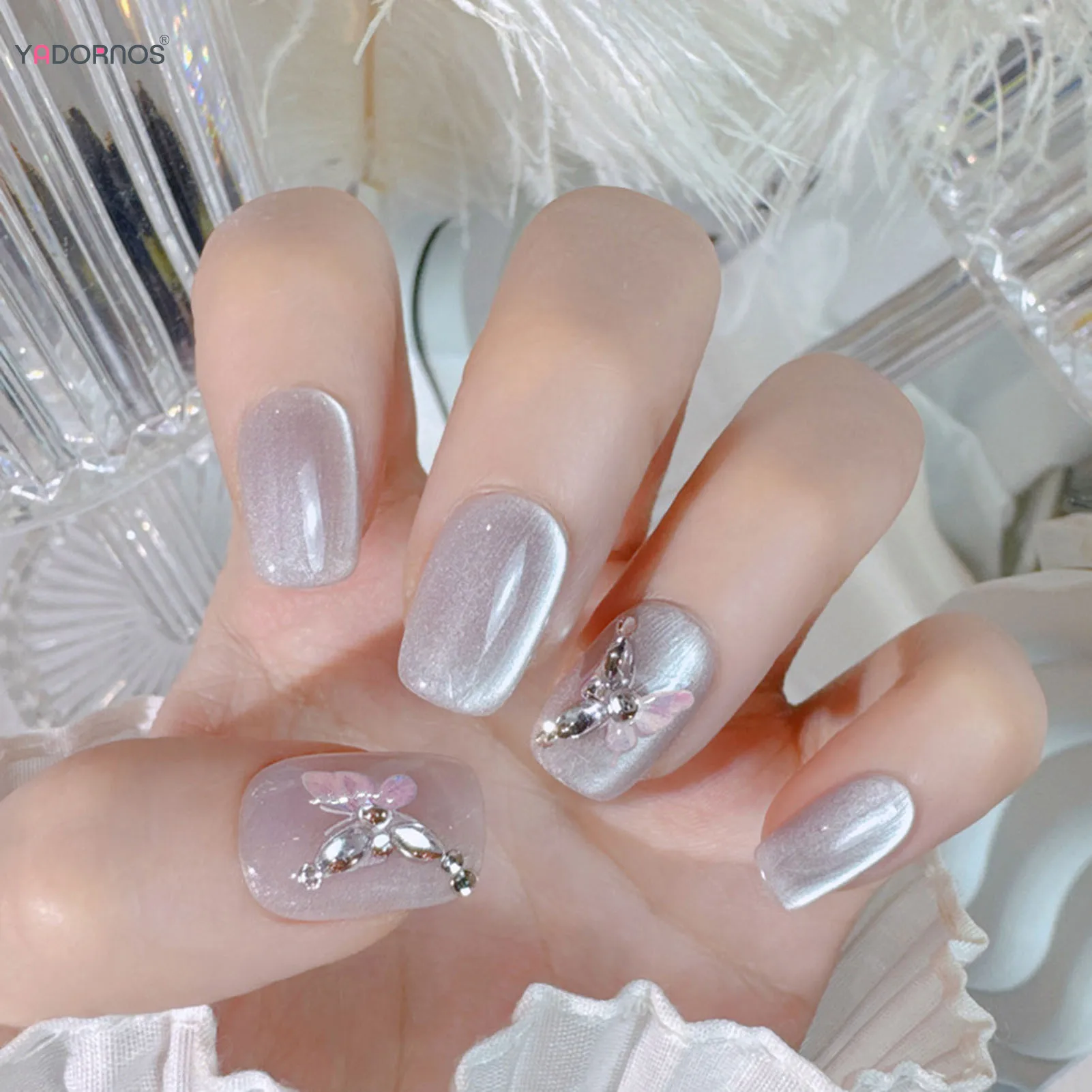 10 Stuks Handgemaakte Nepnagels Kattenogen Drukken Op Nagels Korte Vierkante Draagbare Valse Nagels Tips Glitter Strass Vlinderontwerp