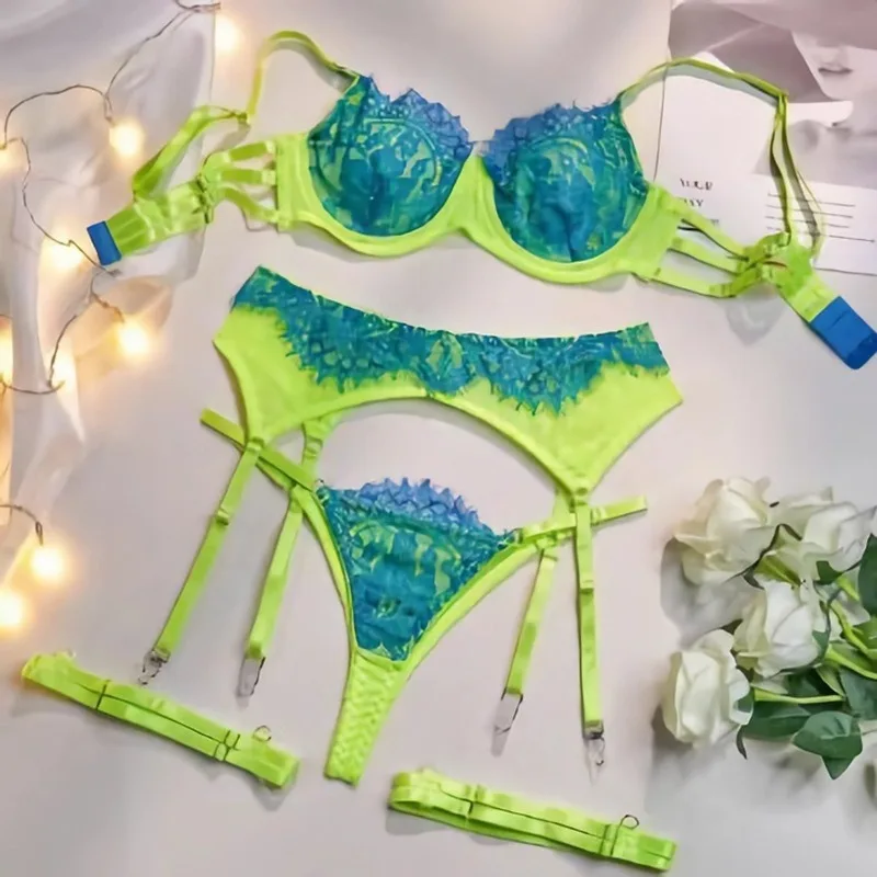 Tornova Sexy Lingerie Suit for Women Three-color Lace Sexy Lingerie Suit Garter Thong Lace Mesh Patchwork Underwear Suit New image 6