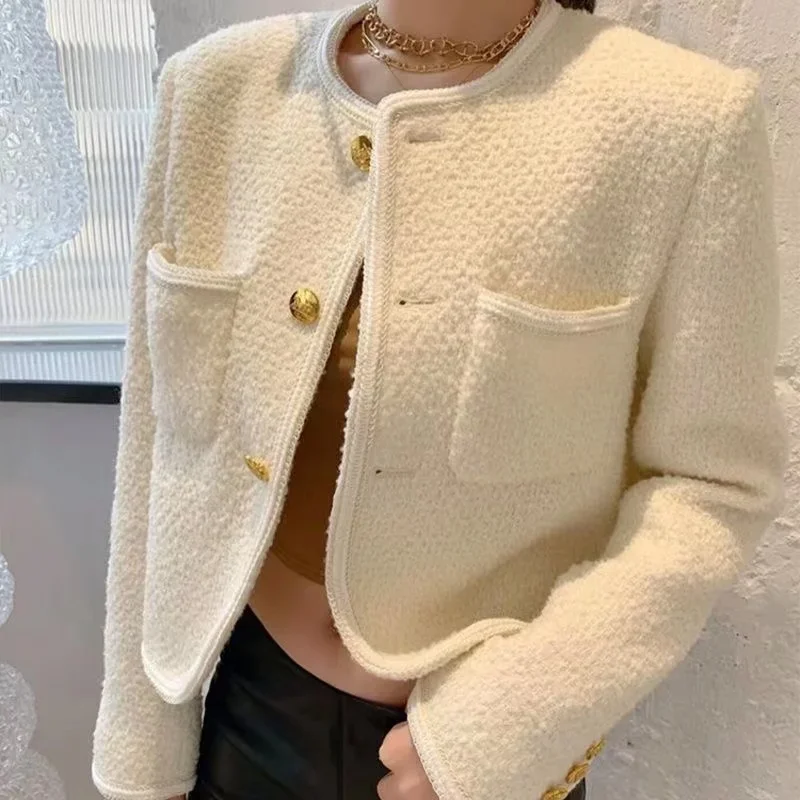 Beige Tweed Jacket Women  Autumn Golden Button Elegant Cropped Coat Ladies Chic Elegant Runway Design Winter Jacket Office