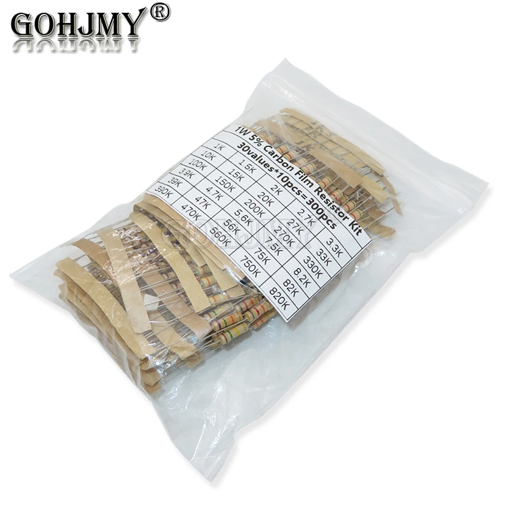 Imagem -02 - Valores 10 1w 30 Pcs Kit Resistor de Filme de Carbono Resistência 0.1r750 Ohm K820k Conjunto 300 Pcs