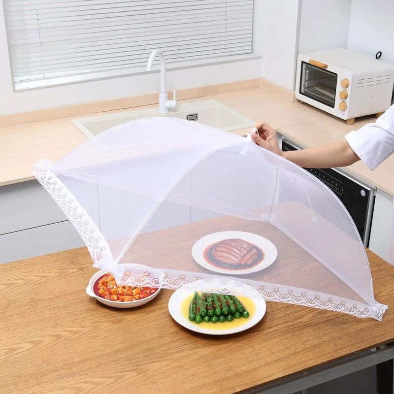 Tenda Grande Dobrável Branca de Malha para Alimentos, Cobertura Respirável Anti-Mosquito Estilo Guarda-Chuva, Acessório de Cozinha Lavável para Piquenique