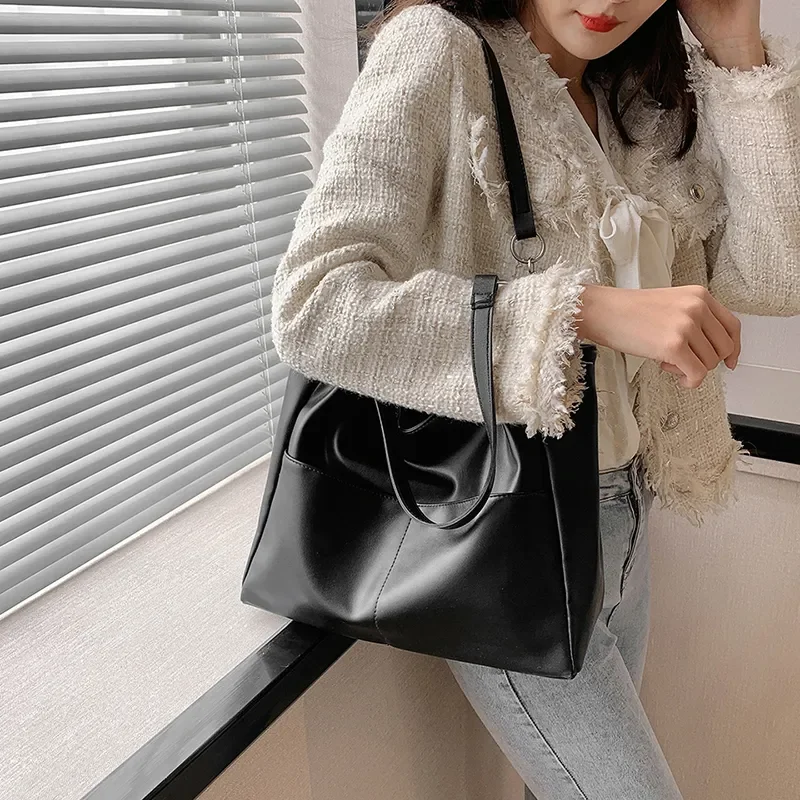 Large Shoulder Side Bags for Women Vintage Solid Color Simple Large Capacity Big PU Leather The Latest Handbags Travel Totes