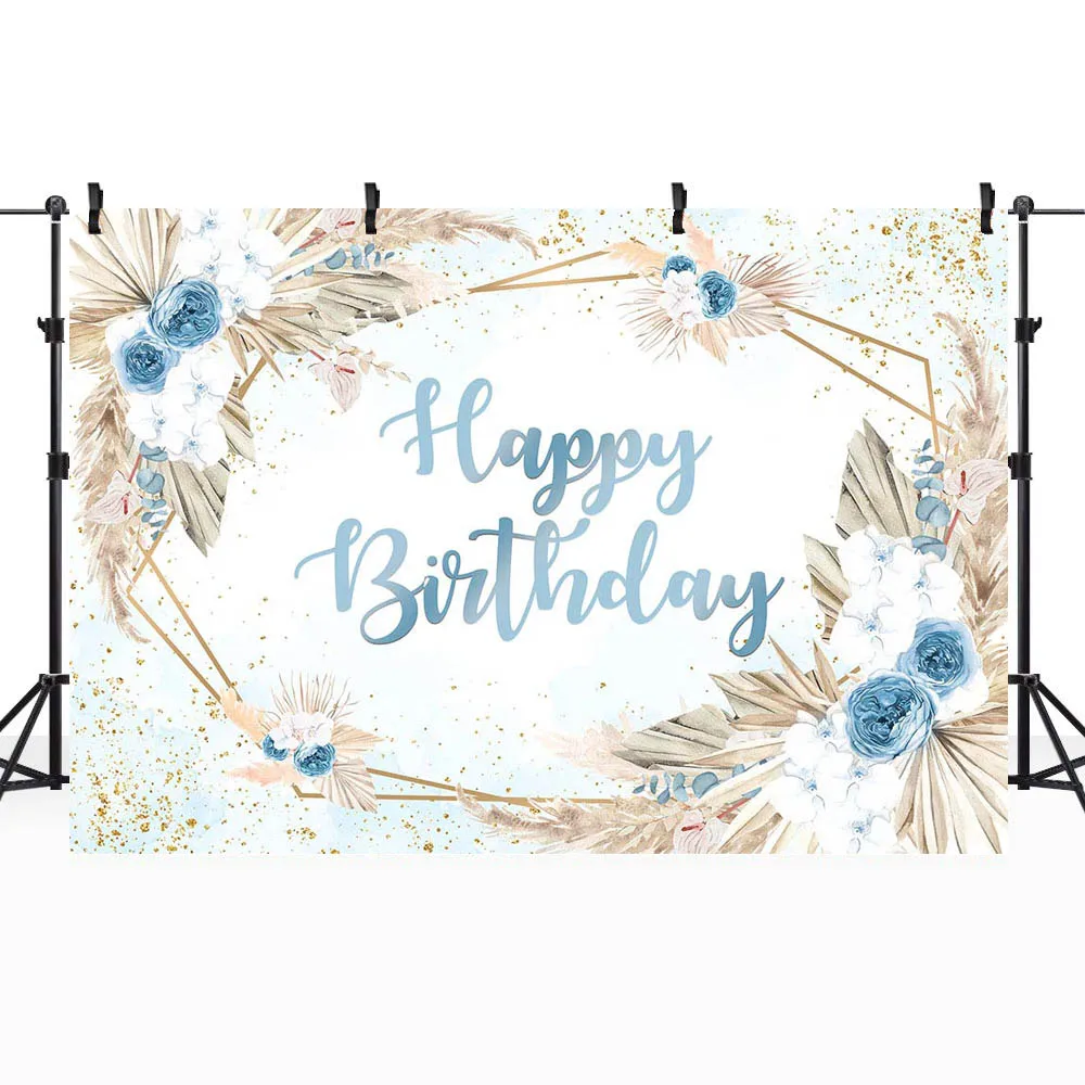 Mocsicka blauwe aquarel Boho bloemen gelukkige verjaardag achtergrond Boheemse Pampas gras babyjongen 1e verjaardag achtergrond Party Decor