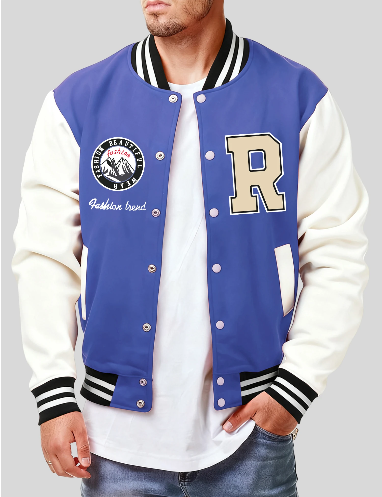 

Natural Scenery And Letter R Baseball Jersey Man Casual Loose Coat Fleece Autumn Jacket American Top Unisex All-Match Clothing