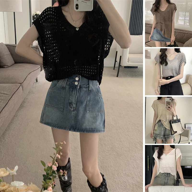 

Hollow Knit V-Neck Flesh-Shading Tops Summer New T-Shirt Loose Outside The Hoodie Vest Women's Sleeveless Pullover new