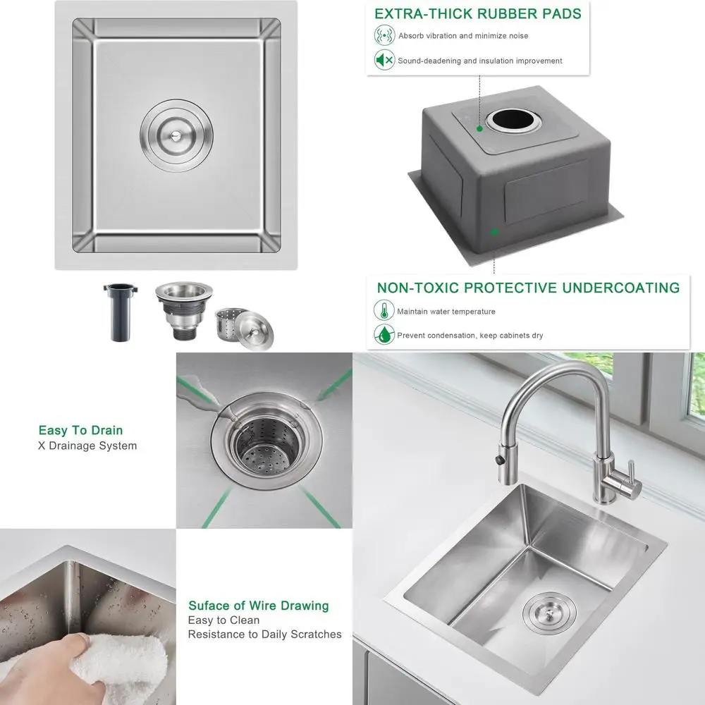 

15x13 Inch Undermount Stainless Steel Single Bowl Sink, 8 Deep, R10 for Small Kitchens and Bars