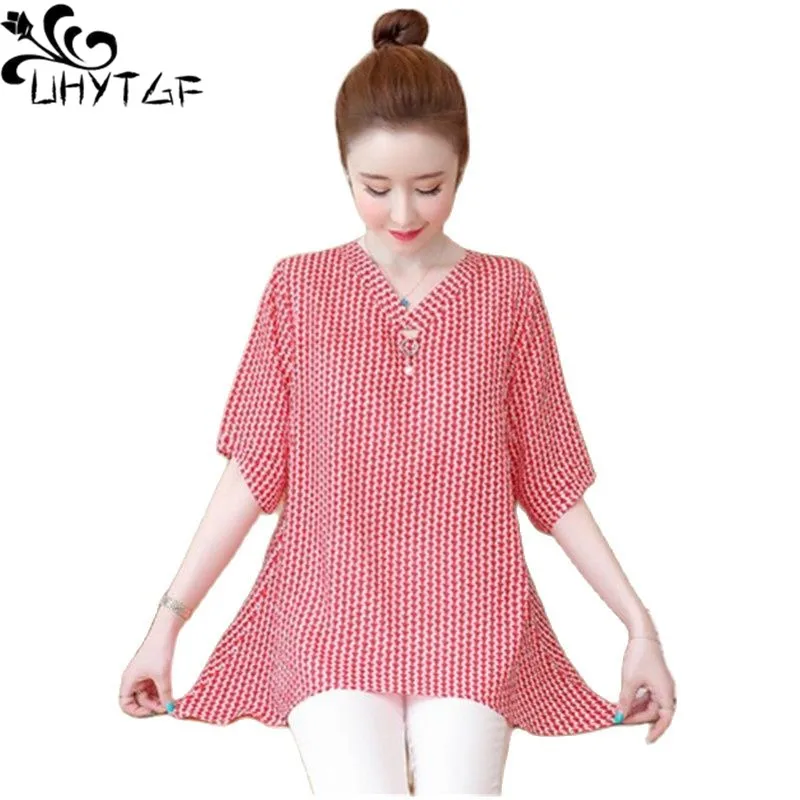 UHYTGF 5XL Loose Size Top Women's Korean Fashion Striped Chiffon Summer T-Shirt Female V-Neck Pullover Blouses Thin Clothes 2010