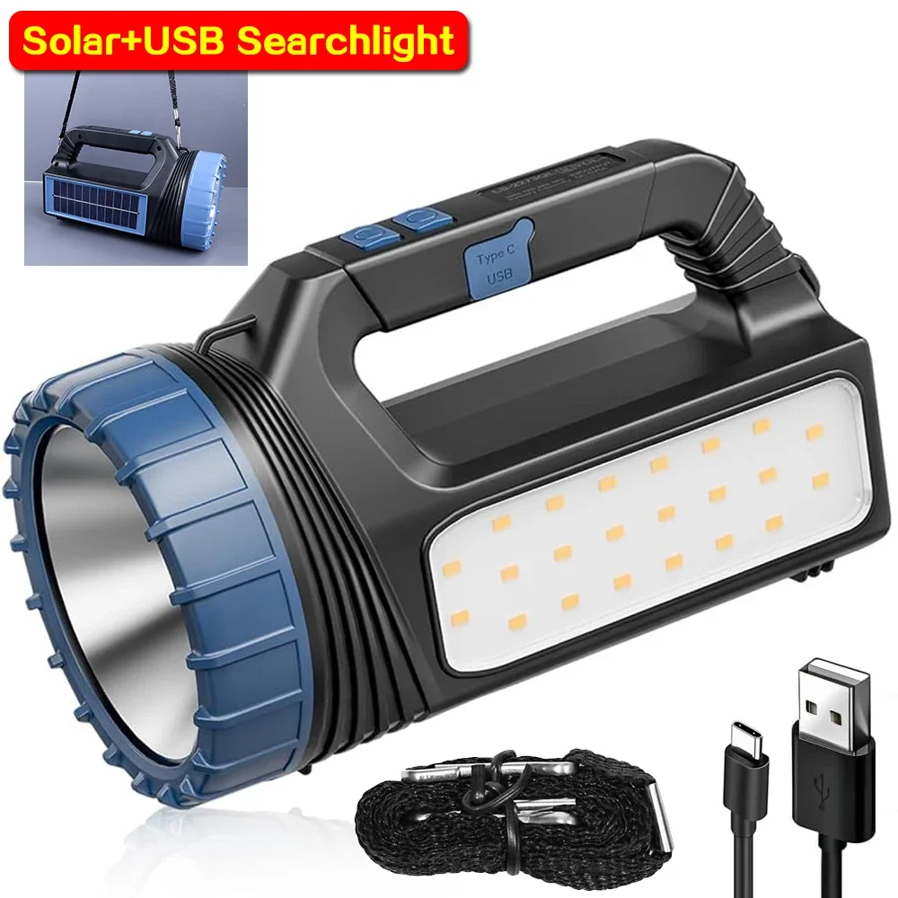 Portable Solar+USB LED Searchlight Rechargeable Camping Lantern Outdoor Power Bank Work Light Emergency Flashlight with Strap