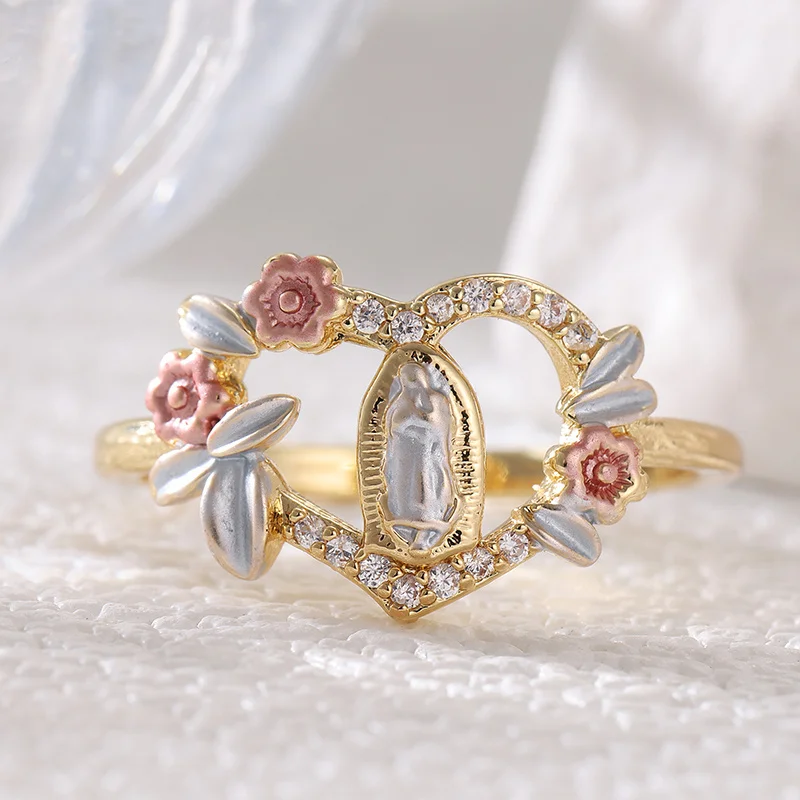 Women's Hollow Out Heart Shaped Ring Flower And Virgin Mary Relief Design Exquisite Sweet Style Ring Accessory