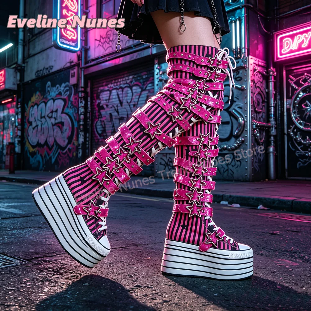 Y2K Gothic Women Vertical Stripe Over The Knee Boots Round Toe Thick Sole Multi Glitter Star Decor Straps Platform Lace Up 2026 view 2
