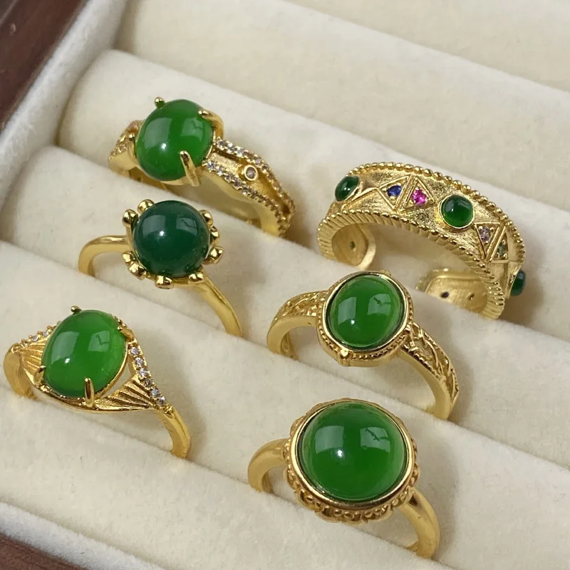 Foxanry Gold Color Green Jade Rings For Women Girls Vintage Trendy Ethnic Exquisite Personality Elegant Anniversary Jewelry Gift