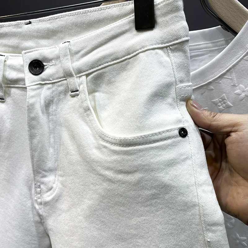 White Casual Denim Shorts Men's Slim Straight2024Summer Thin Fashion Brand Soft All-Match Stretch High-End Cropped Pants