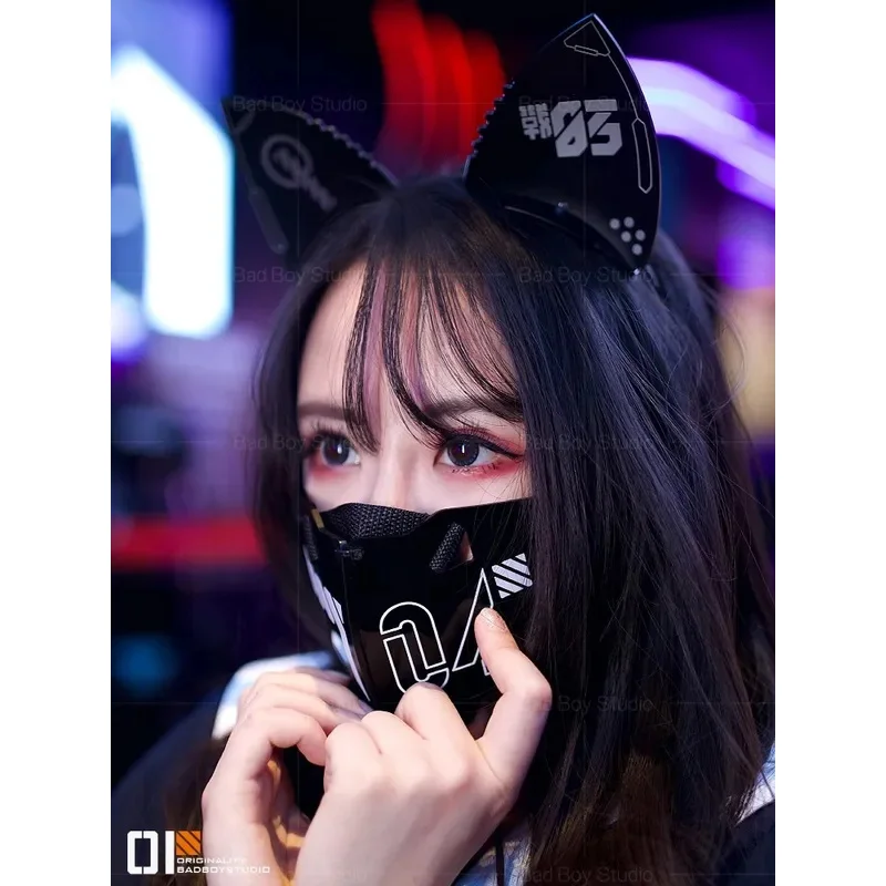 Cyber Punk Cosplay Mask Motorcycle Helmet Face Mask Acrylic Cat Ears Hairhoop Party Music Festival Accessories Cyber Punk Cospl