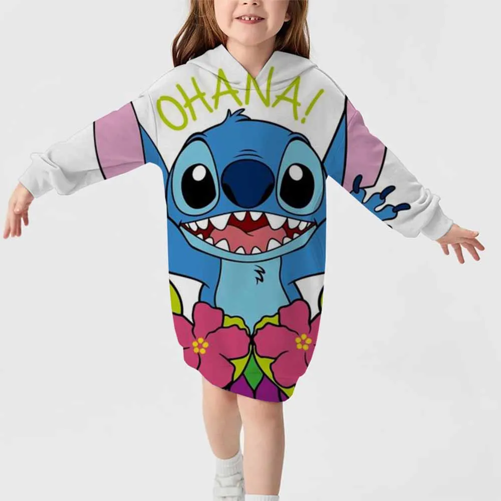 Girls new Stitch comfortable hoodie skirt top Disney Stitch print 2024 new autumn and winter hooded skirt