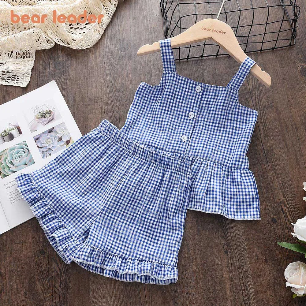 Bear Leader Baby Girls Clothes Sets Summer Plaid Print Girl Sleeveless Shirts Vest Shorts 2pcs Suit Casual Outfits Kids Clothes