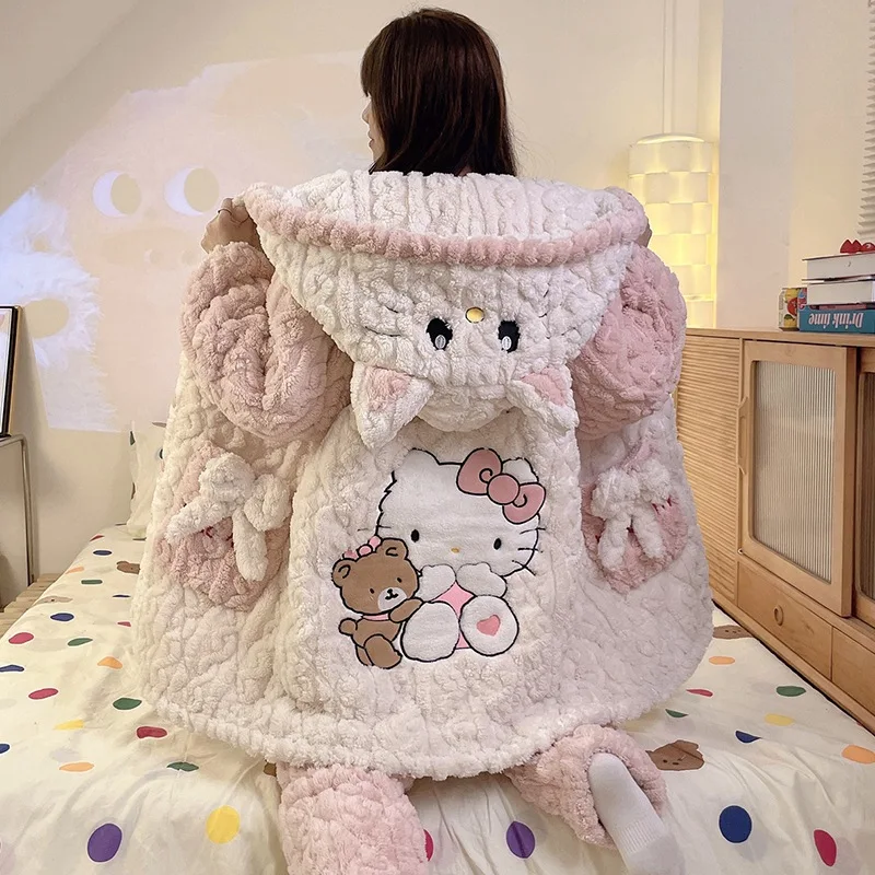 

Hello Kitty Two-Piece Cat Ear Pajamas Set Women Pink 2025 Winter White Contrast Fluffy Sleepwear Casual Y2K Aesthetic Loungewear