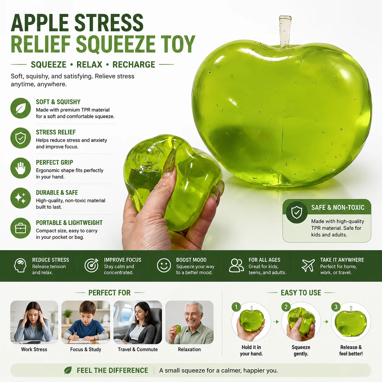 Weicher Grüner Apfel Stressball Rosa Sanftes Fidget-Sensorikspielzeug für Kinder und Erwachsene zur Angstlinderung, Sensorik-Spiel, Schreibtischdekoration