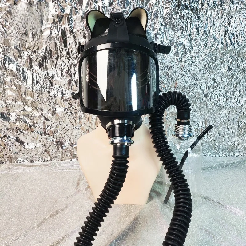 High Quality Silver Plated Curved Angle Gas Mask Set, Negative Pressure Bottle Breathing Bag Set, Wide Field Full Face Mask