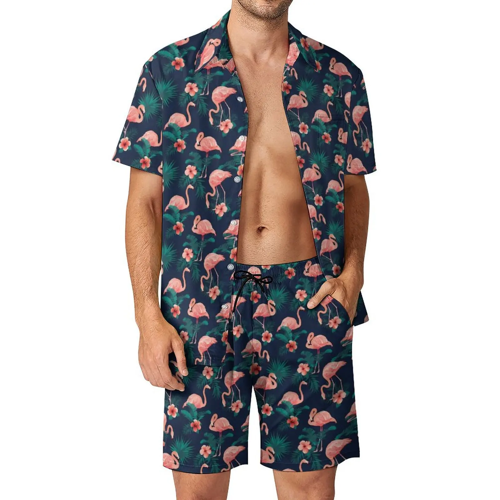 Conjuntos de hombre de playa de pájaro rosa, conjunto de camisa informal de flamenco y hibisco, pantalones cortos de diseño de verano, traje de tendencia de 2 piezas de talla grande