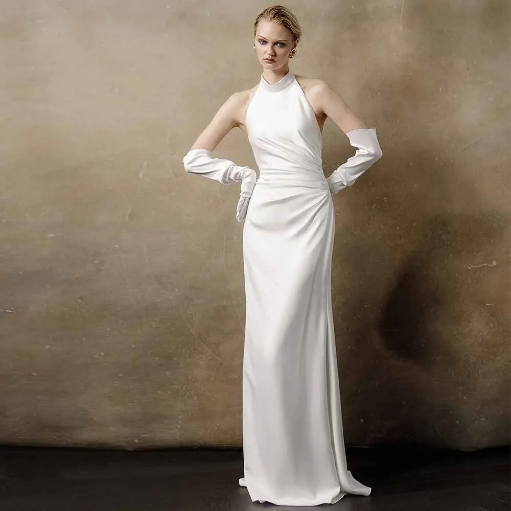 

Classy Women Dresses Trend 2025 Satin Sheath/Column Wedding Party Dresses Ivory Turtleneck Pleat Backless Tailing Wedding Dress