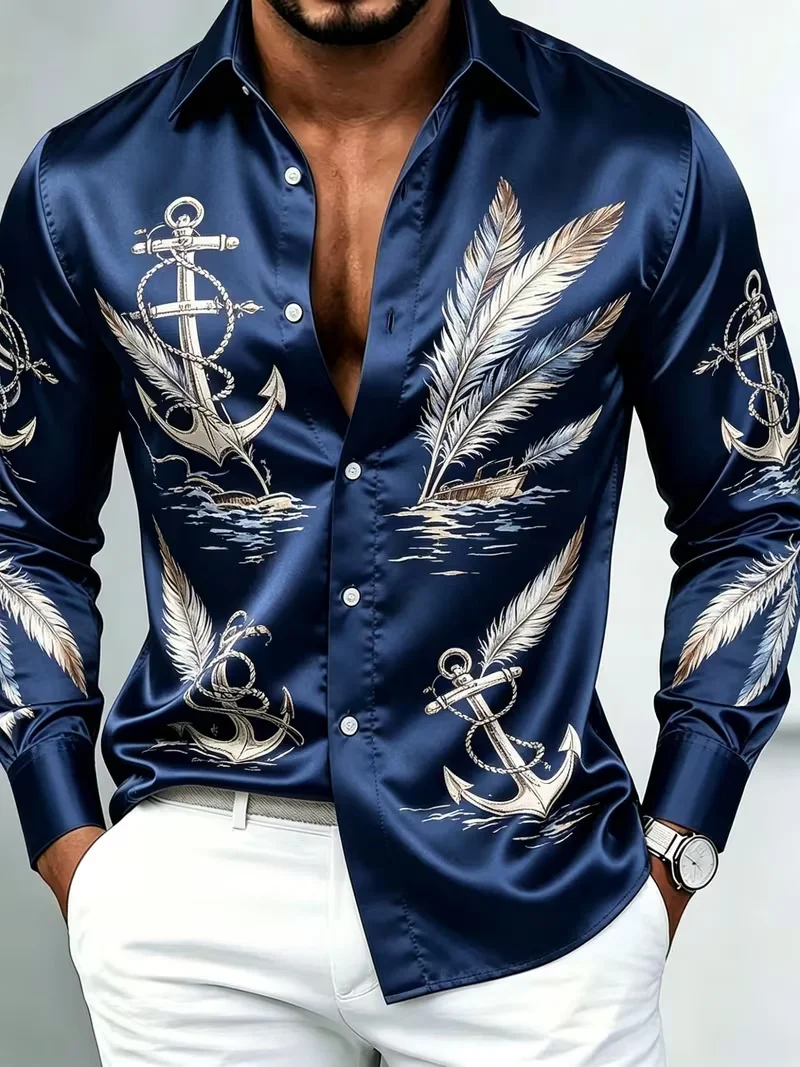 New Half Wave Dot Shirt with Blue Mirror Satin and White Dot Splicing Art for Men's Long Sleeve Shirt Clothing