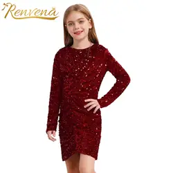 Kids Girls Glitter Sequin Party Gown Long Sleeve Bodycon Dress for Girl Birthday Proms Wedding Graduation Ceremony Vestidos