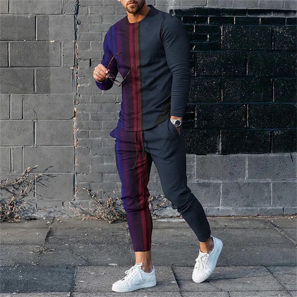 Spring Men\'s Tracksuits Fashion T-shirt Long Sleeve Top+Trousers 2 Piece Sets Print Sportswear Loose Outfits Oversized Pullover