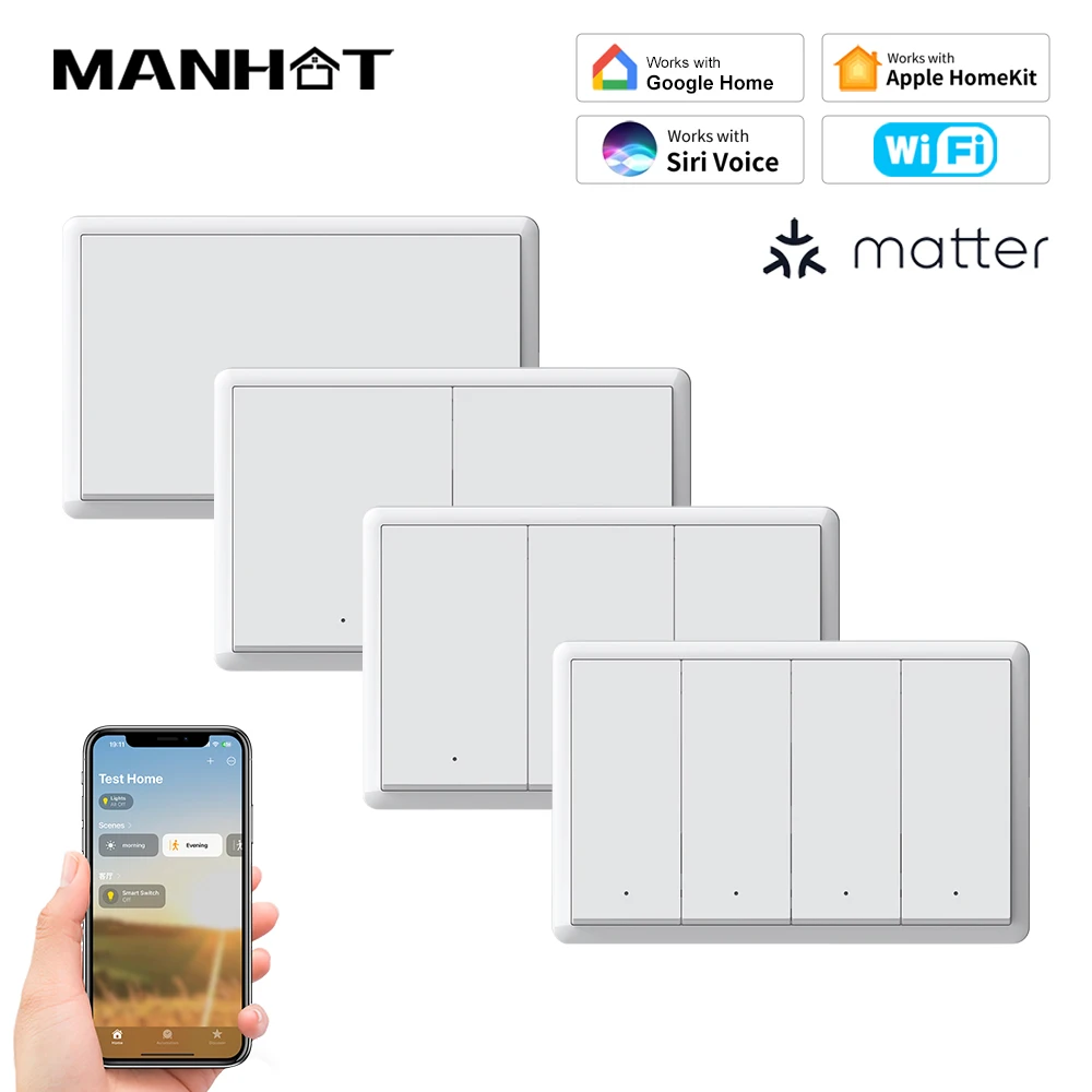 

Умный переключатель Tuya WiFi Matter, нейтральный провод, дополнительный интеллектуальный стандарт США, кнопочный переключатель света, голосовое управление с Alexa