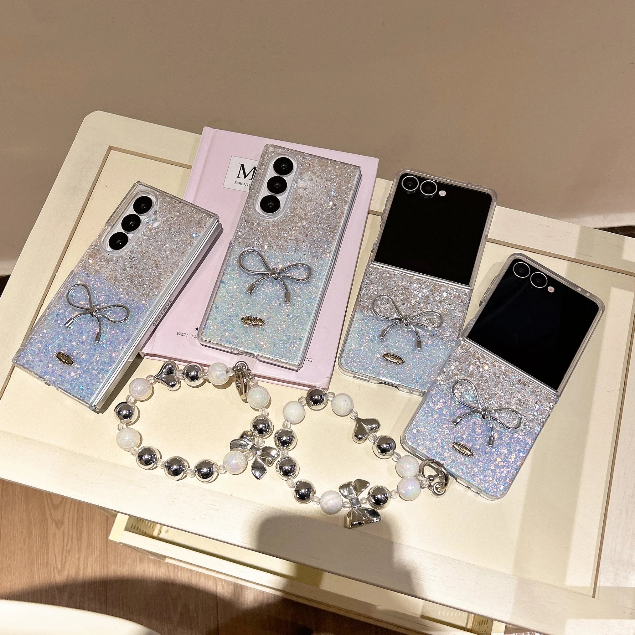 

Back Cover For Samsung Galaxy Z Flip 7FE / Fold 6 5 4 3 Case Glitter Bowknot Bracelet Chain Hard Pc Shockproof Phone Case