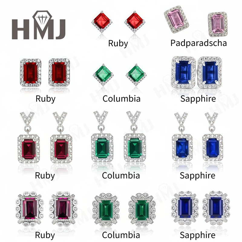 Lab Grown Gemstone Earrings 925 Sterling Silver Green/Red/Blue Emerald/Princess Cuts Fine Jewelry Mother's Day Gift for Her