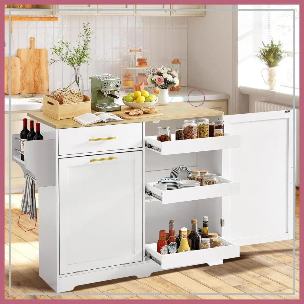 48-Zoll mobile Kücheninsel mit herunterklappbarem Tisch, Aufbewahrungsschrank, Mülleimer & Schublade – Moderner Rollbarer Barwagen in Weiß