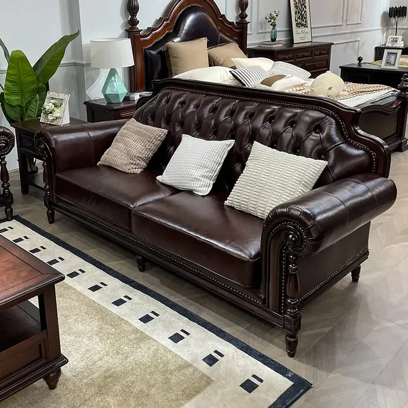 Living Room Sofas And Seating Combination Couch Set Furniture Home American Rural Retro Leather Sofa Simple Single Double Triple