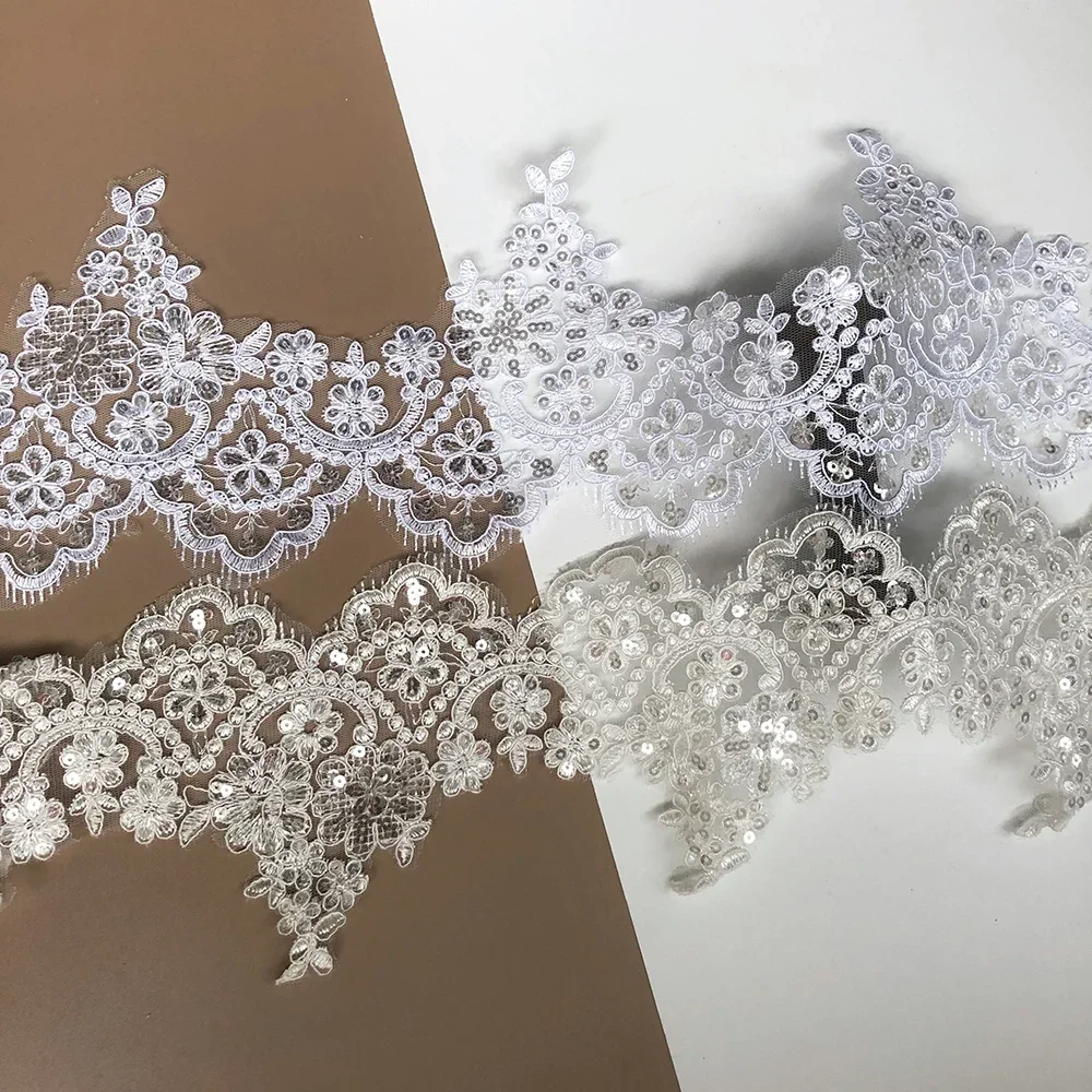 Delicate 1Yard Ivory/White Venise Venice Mesh Lace Trims Sequins Flower Applique Fabric Sewing Craft for Wedding Dec 13cm