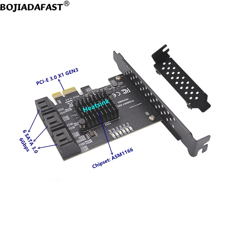 

6 SATA 3.0 Connector 6Gbps To PCI-E 3.0 1X Controller Expansion Card ASM1166 With Heatsink For Hard Disk Drive HDD SSD